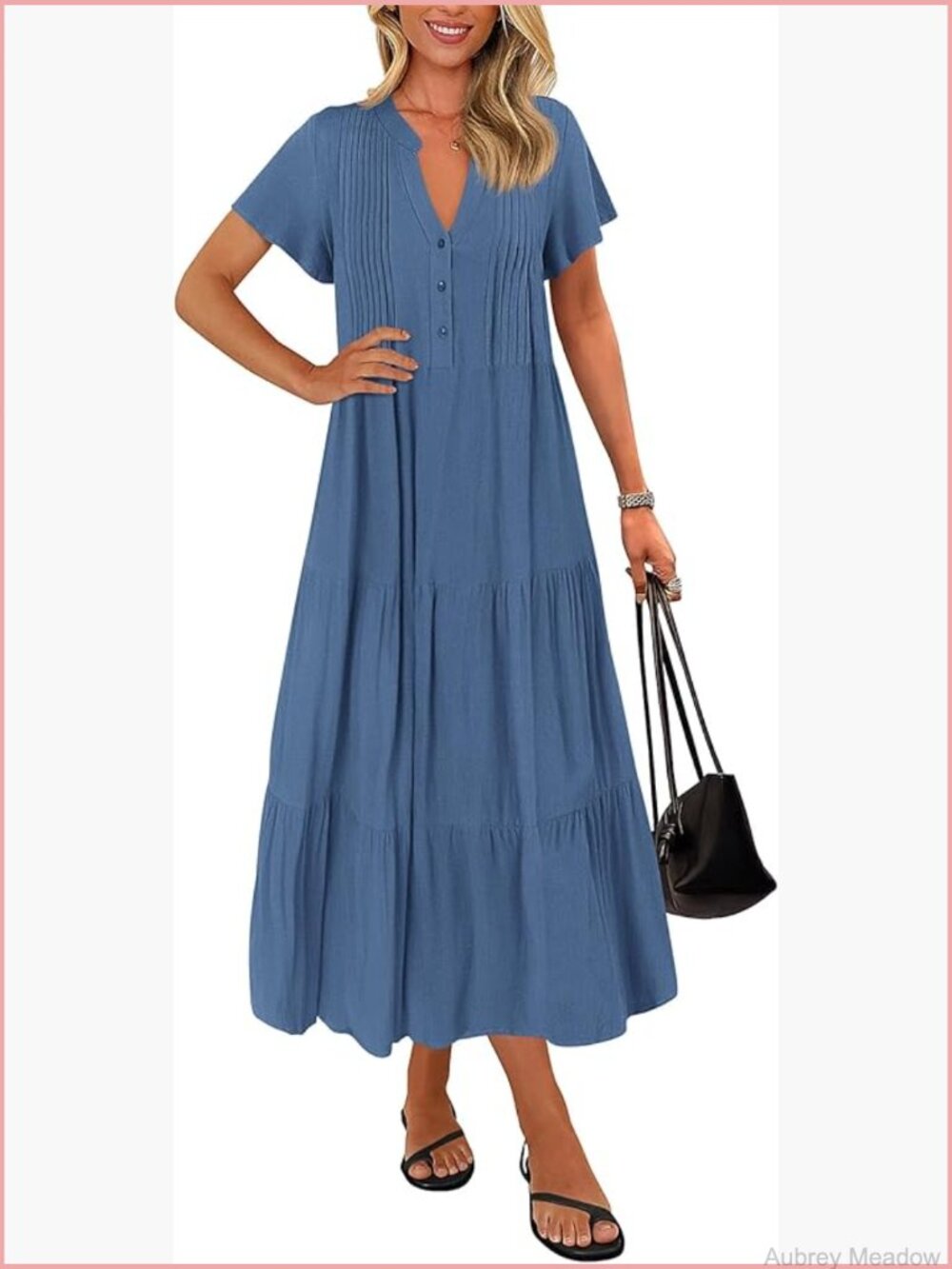 Short Sleeve V-Neck Pleated Maxi Dress with Pockets
